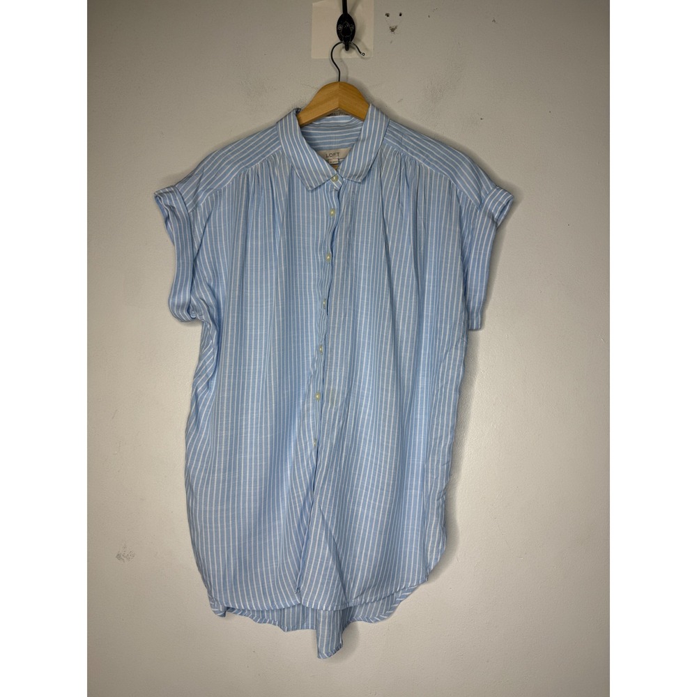 Loft Womens Blue White Striped Short Sleeve Button Down Rayon Shirt Medium
